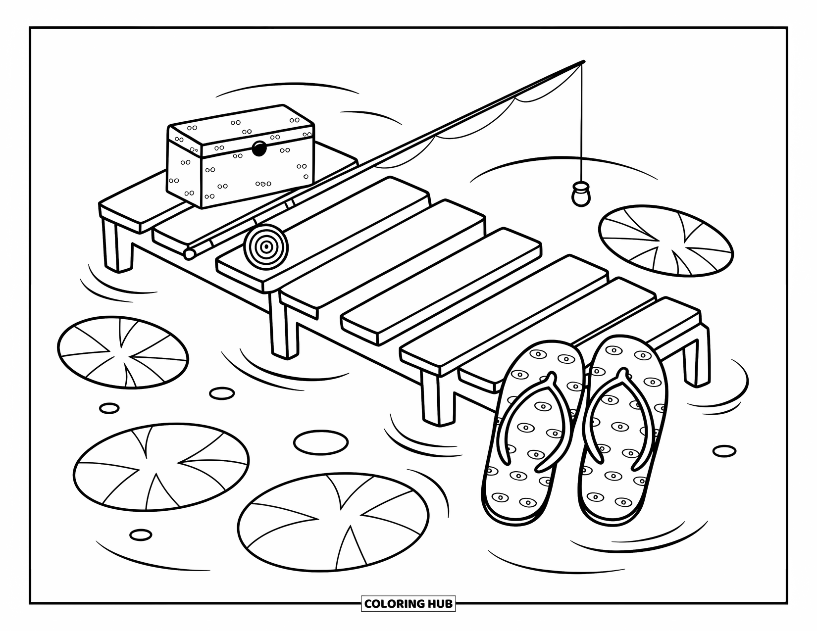 Flip Flop Coloring Page for Adults: Flip-flops with fish patterns sit by a fishing rod and bobbers on a peaceful dock