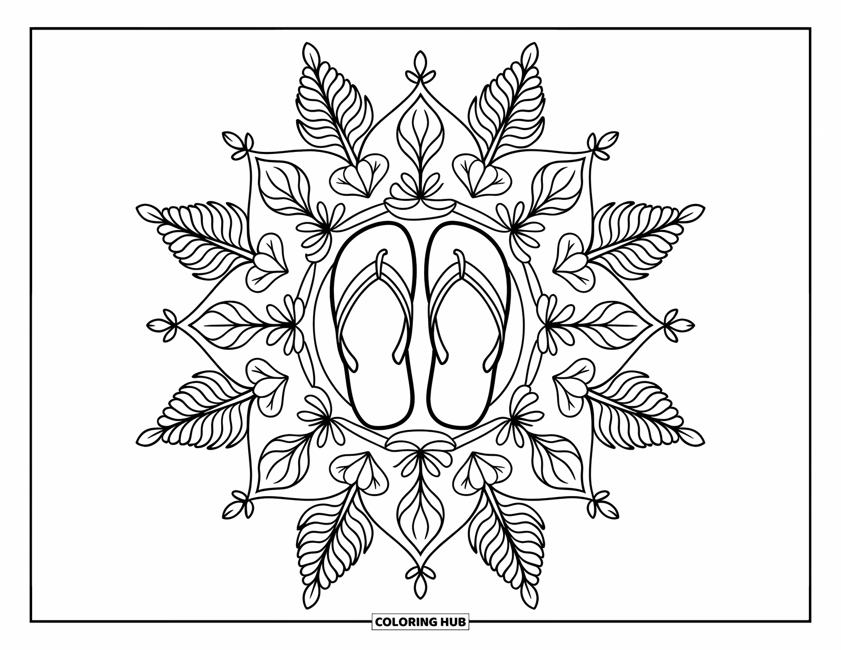 Flip Flop Coloring Page for Adults: Intricate vines and flowers frame flip-flops in a relaxing botanical design