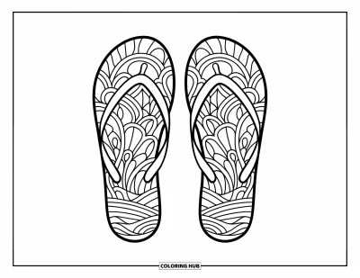 Fargeleggingsark med flip-flops for voksne: Havtematiske glassmalmønstre fyller et par flip-flops med beroligende strandtemaer
