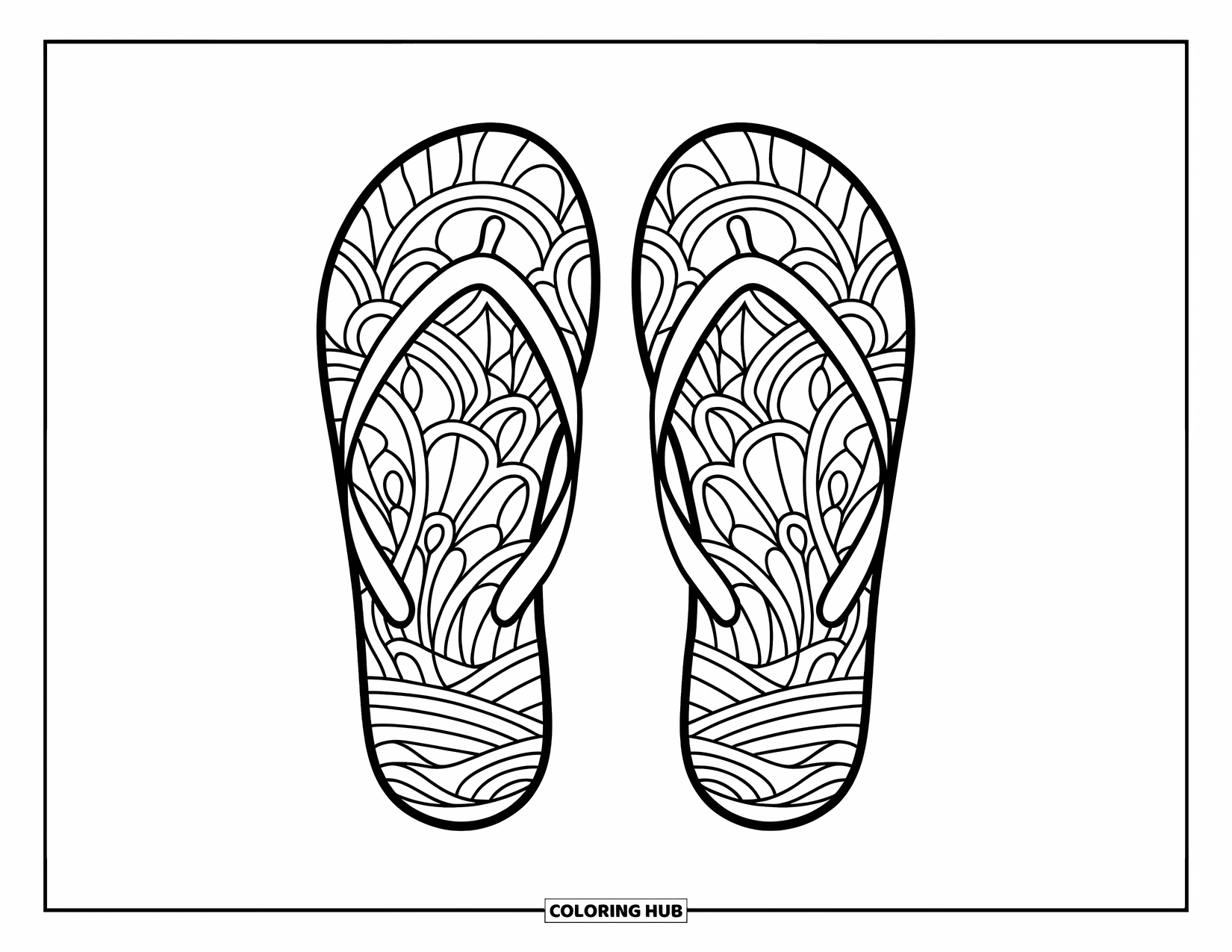 Flip Flop Coloring Page for Adults: Ocean-themed stained glass patterns fill a pair of flip-flops with calming beach vibes