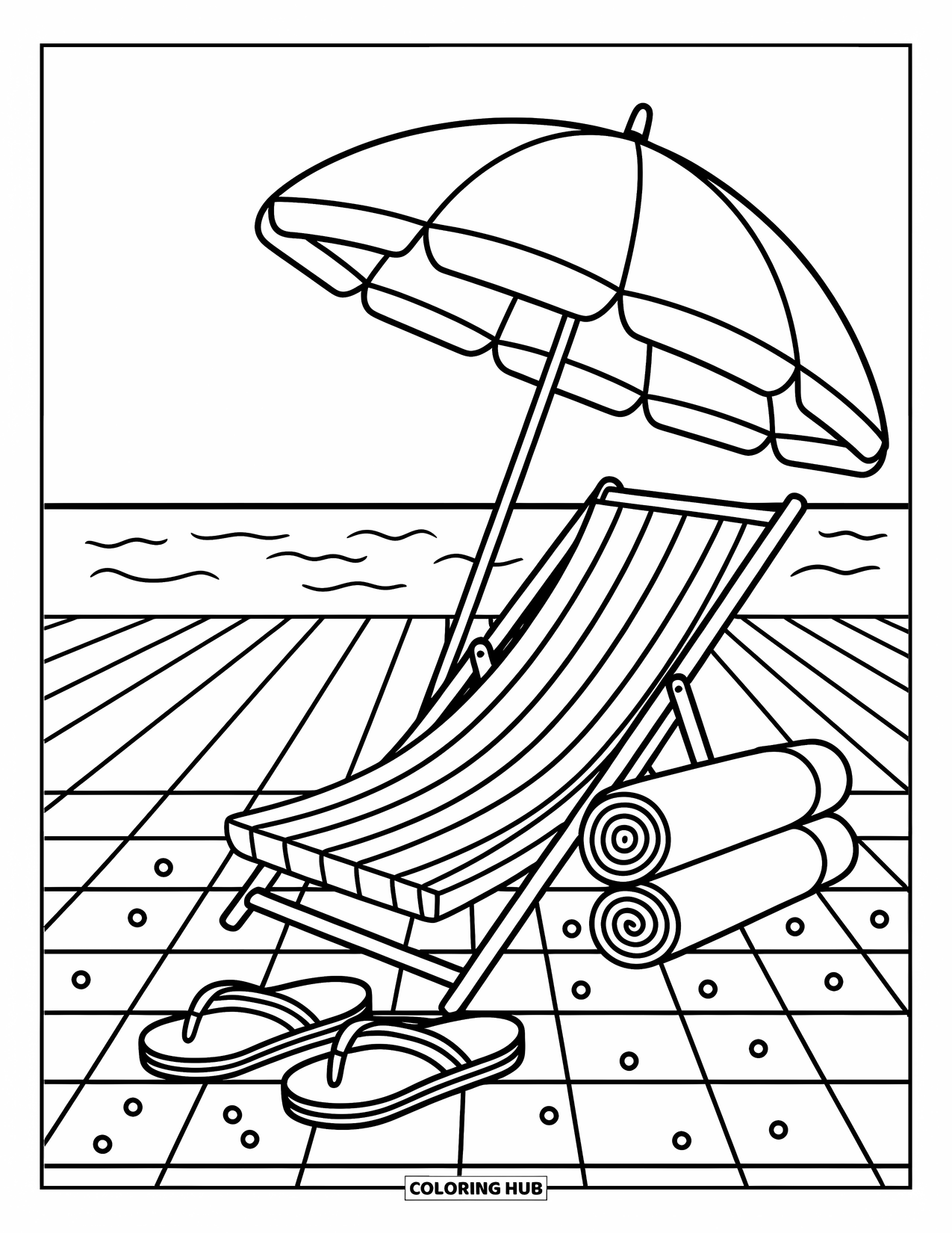 Flip Flop Coloring Page for Adults: Tidy towels and cute flip-flops rest beneath a striped umbrella facing the ocean