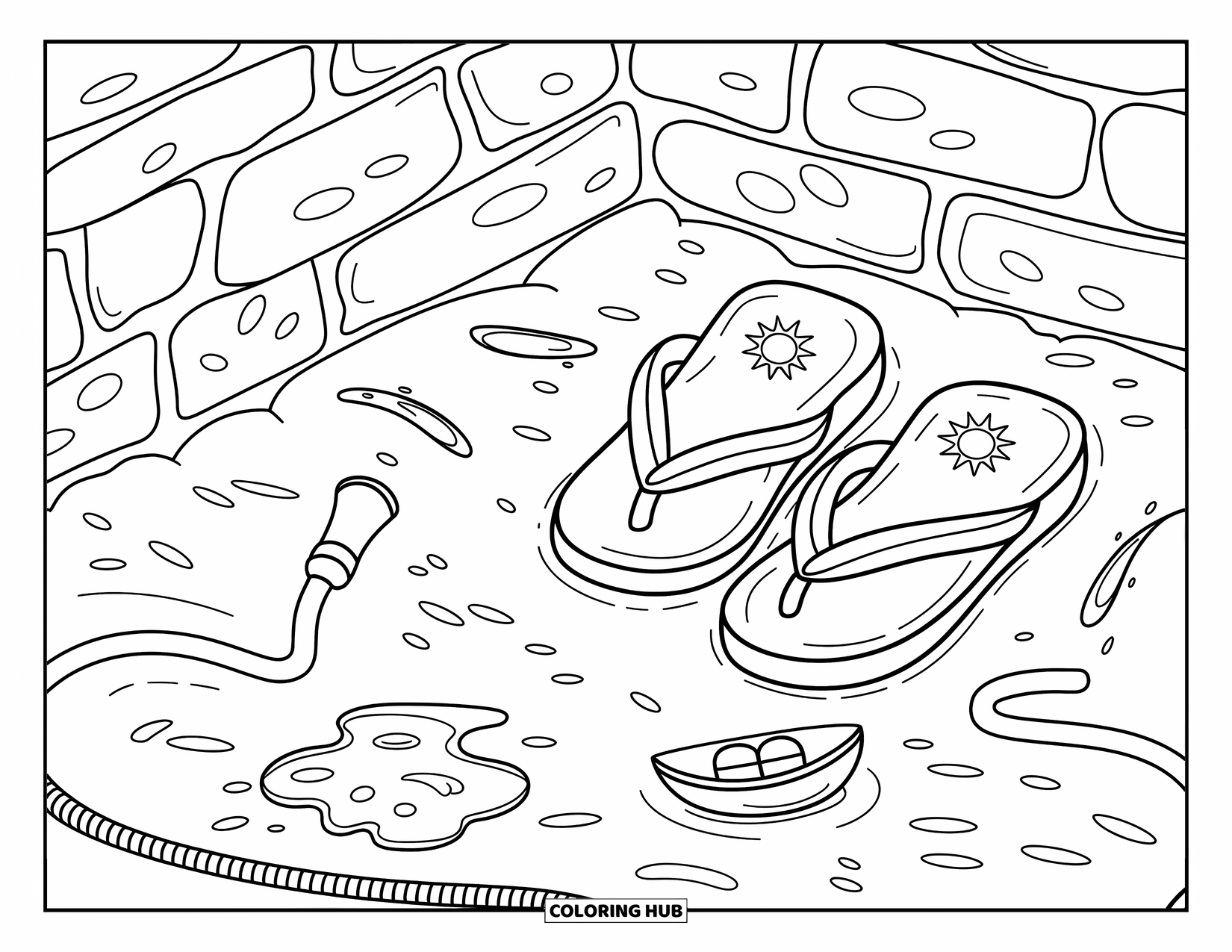 Flip Flop Coloring Page for Adults: Wet pavement, playful water sprays, and flip-flops with sun and moon icons make a cheerful scene