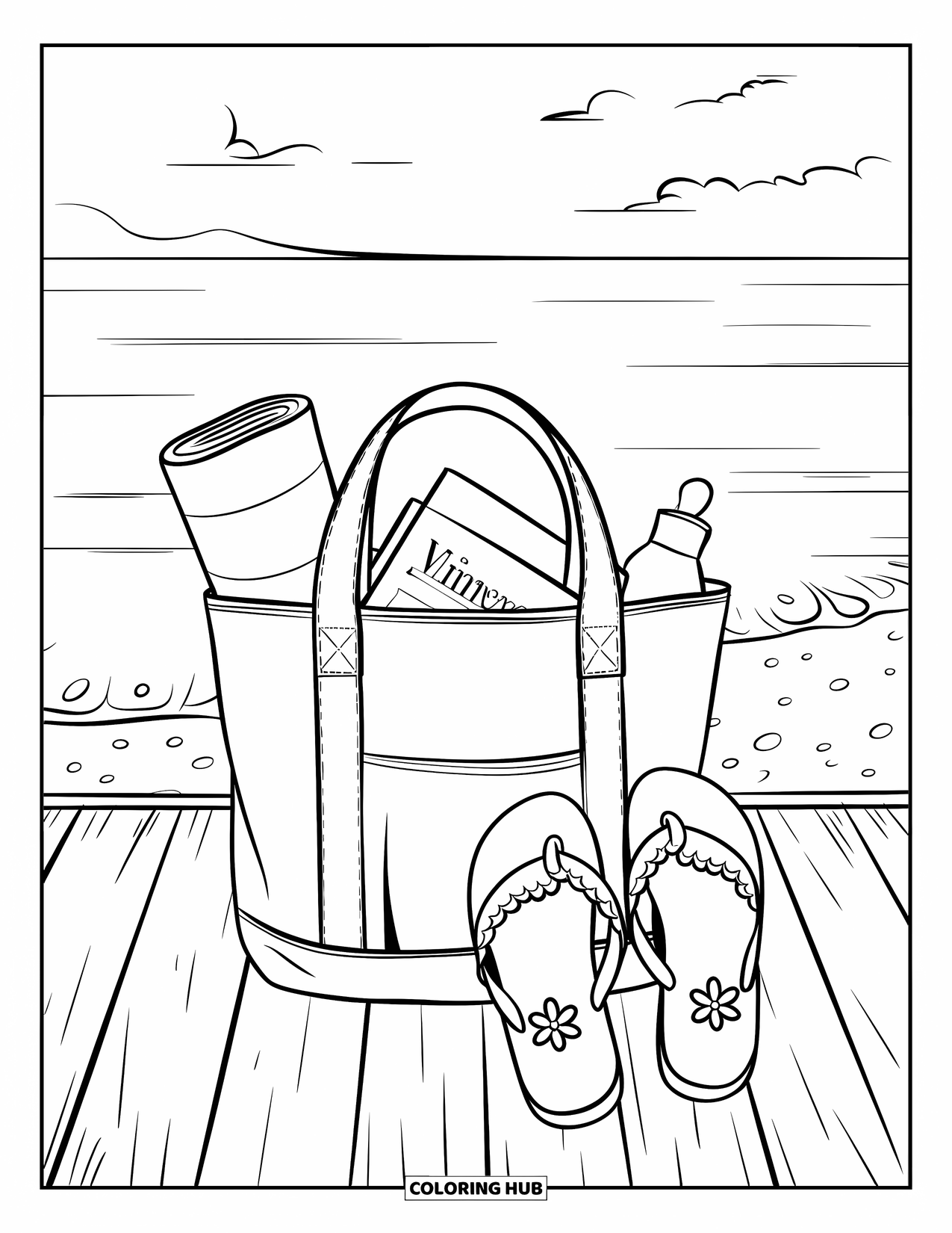 Flip Flop Coloring Page for Kids: A beach tote full of summer must-haves sits near the ocean with floral flip-flops