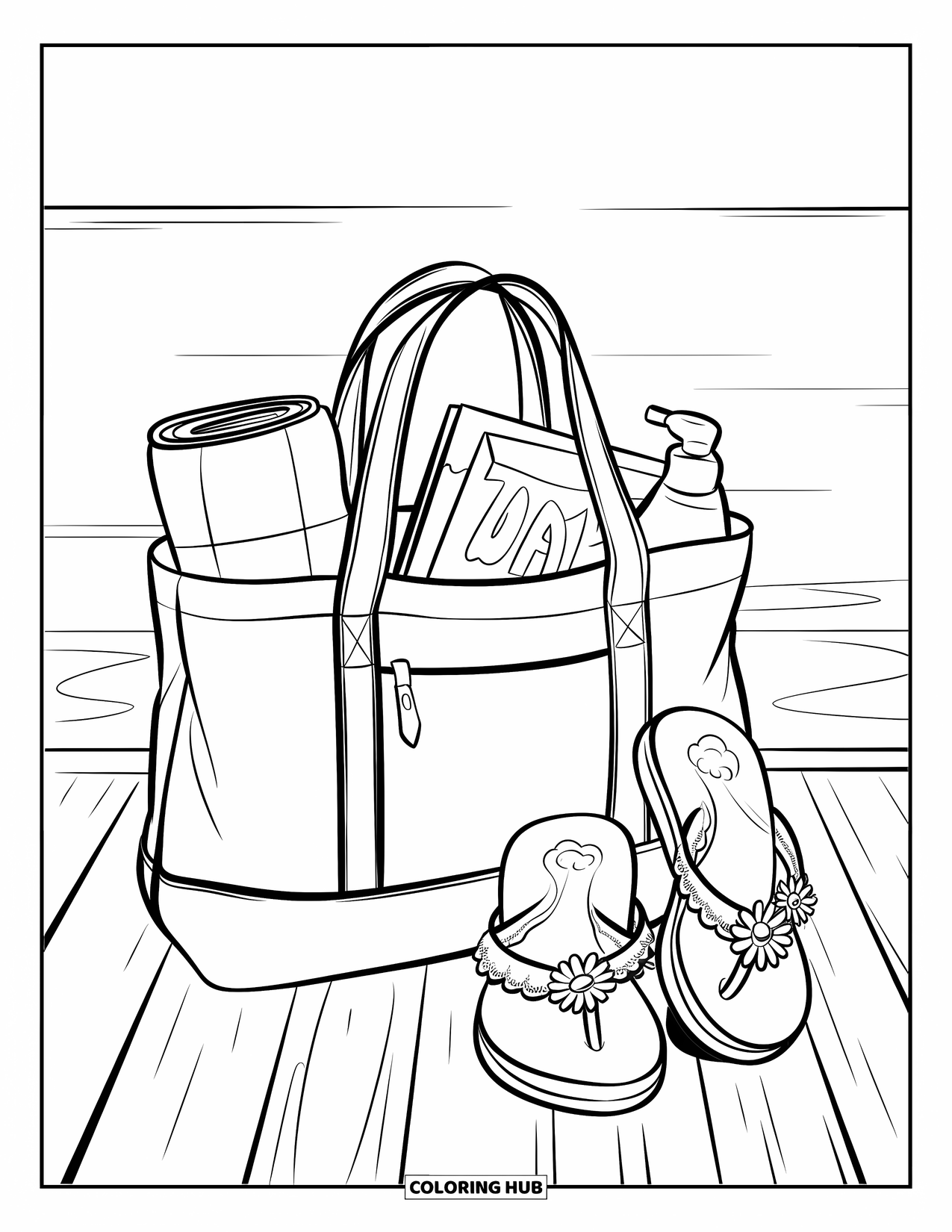 Flip Flop Coloring Page for Kids: A beach tote holds summer essentials and flip-flops with daisies on a wooden boardwalk
