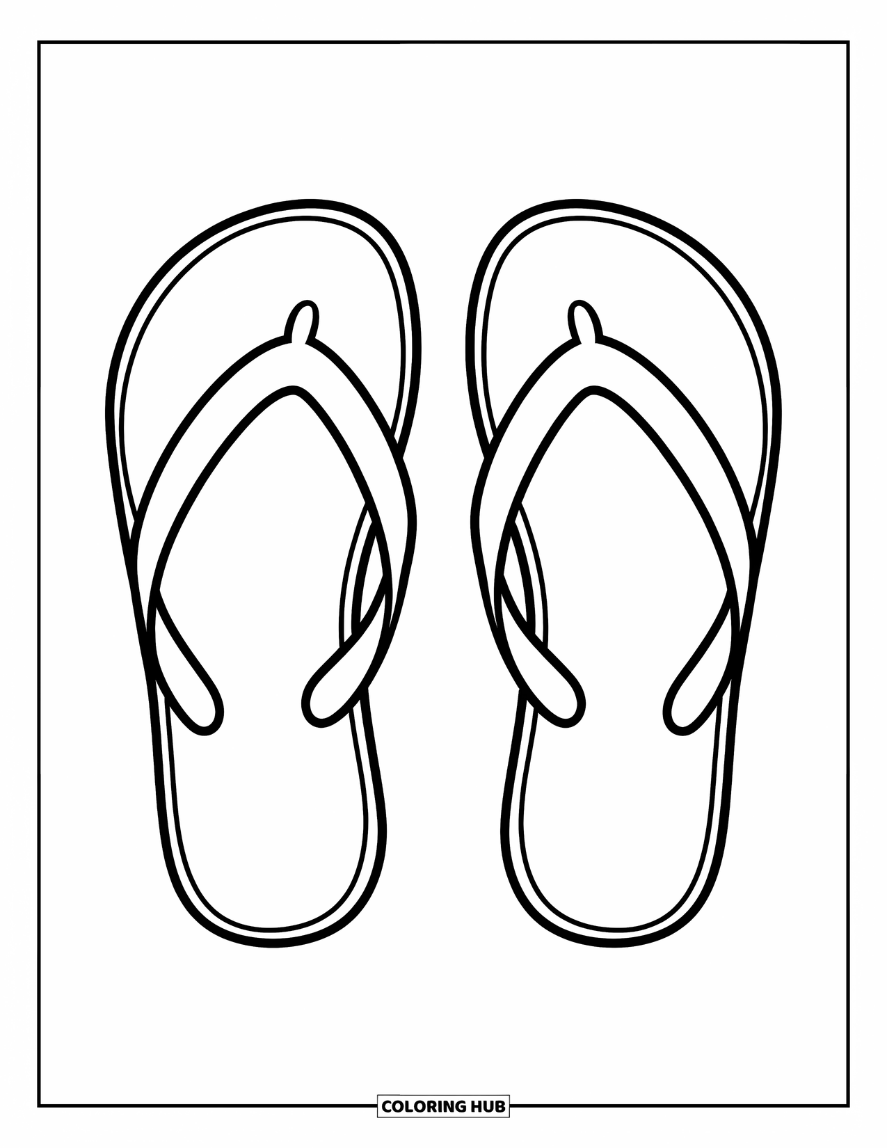 Flip Flop Coloring Page for Kids: A plain pair of thick-strap flip-flops rests side by side, peaceful and neat