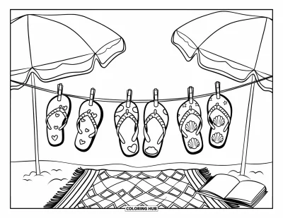 Fargeleggingsark med flip-flops for barn: En rad søte flip-flops henger mellom parasoller med en hyggelig strandoppsett nedenfor