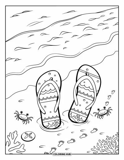 Fargeleggingsark med flip-flops for barn: Krabber vandrer forbi flip-flops i sanden med havbobler og koraller i nærheten