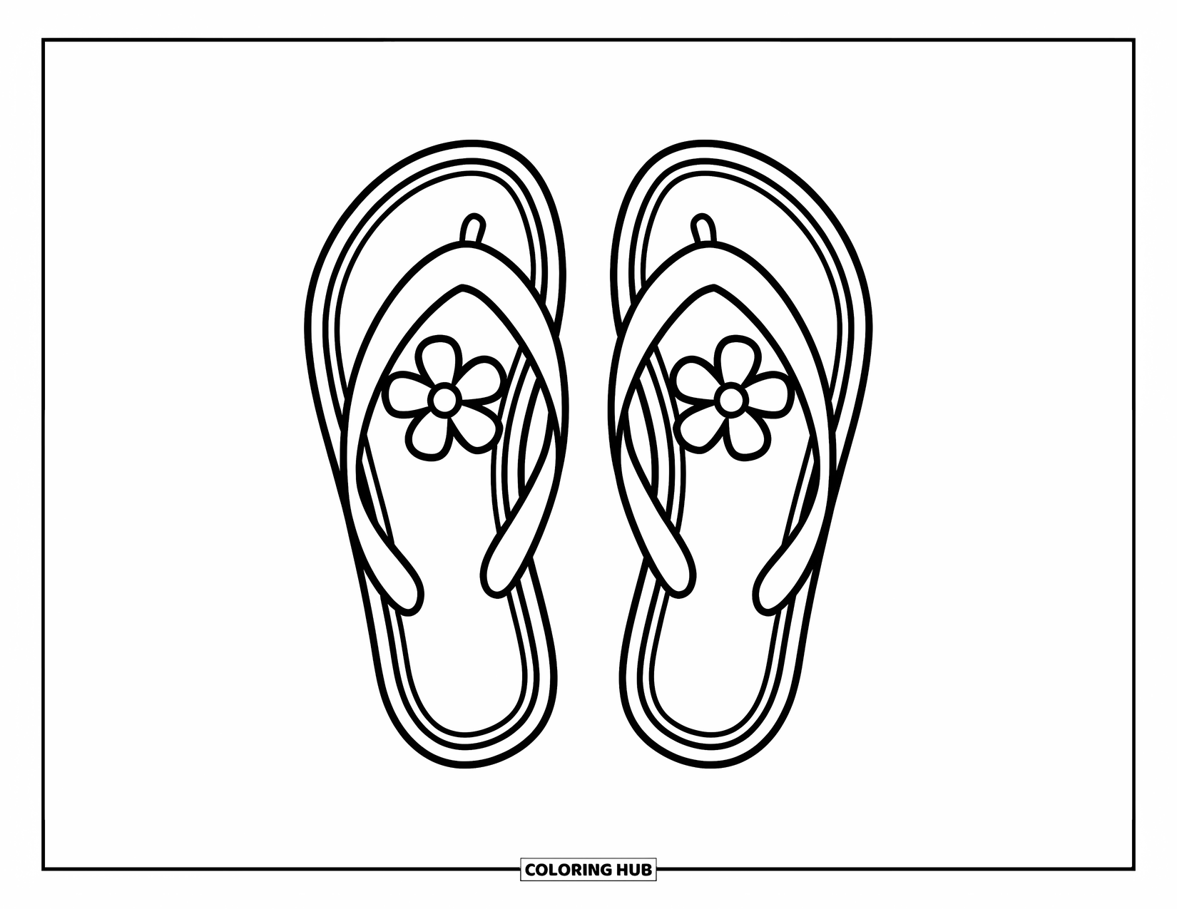 Flip Flop Coloring Page for Kids: Cute flower flip-flops sit side by side, ready for summer fun
