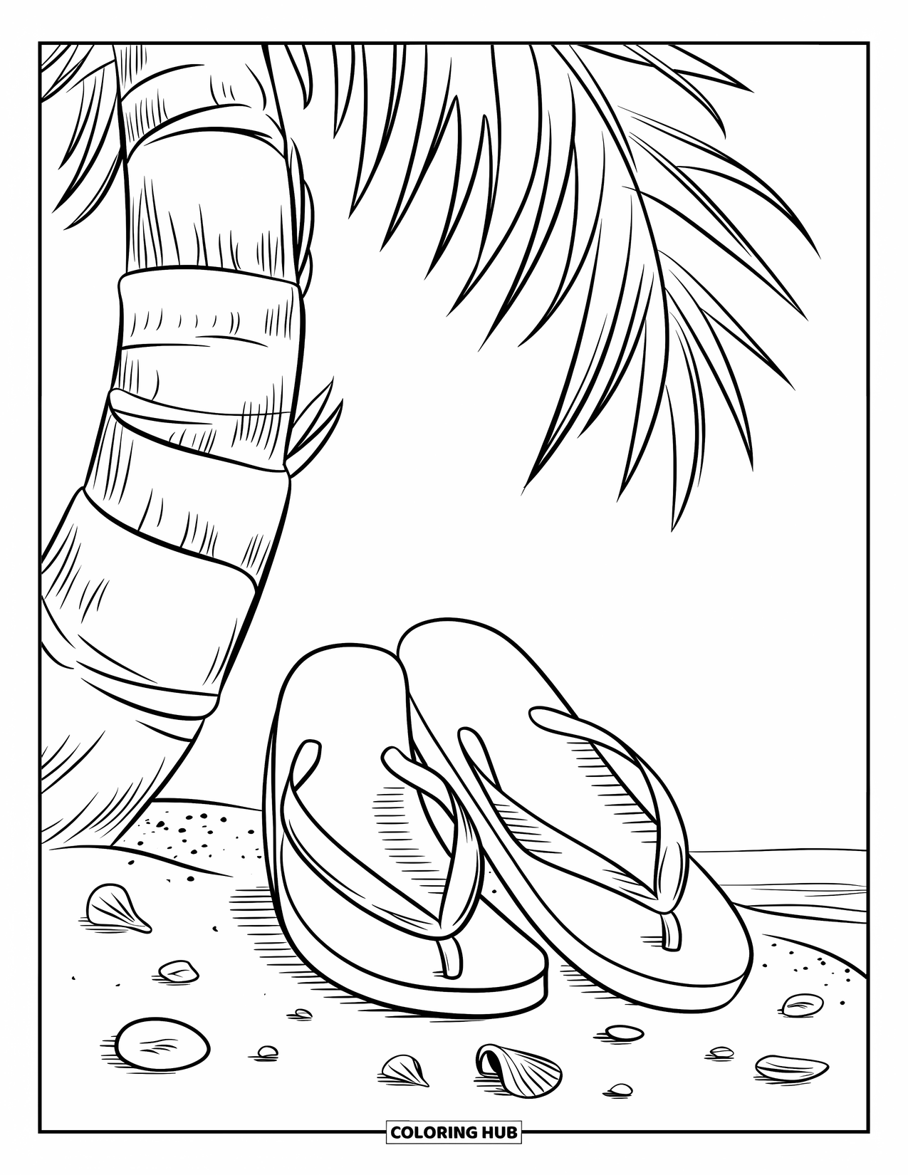 Flip Flop Coloring Page for Kids: Flip-flops rest in the sand with seashells and a big palm tree beside them