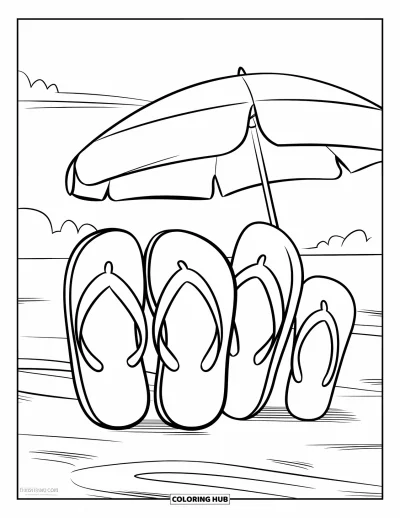 Fargeleggingsark med flip-flops for barn: Flip-flops sitter i solen med et strandparasoll og lette skyer i bakgrunnen