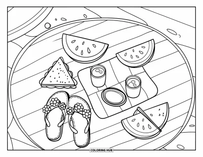 Fargeleggingsark med flip-flops for barn: Flip-flops med sløyfer ligger ved en strandmatte med masse godsaker til piknik
