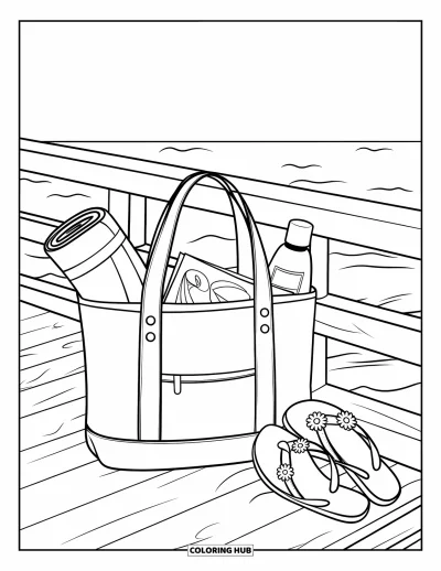 Fargeleggingsark med flip-flops for barn: Flip-flops med prestekrager stikker frem fra en strandveske på en solrik promenade