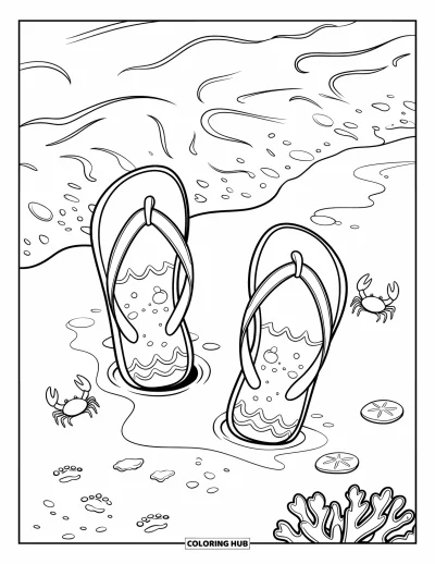 Fargeleggingsark med flip-flops for barn: Flip-flops med havmønstre sitter i våt sand nær krabber og sjøskatter