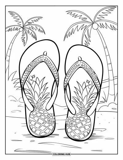 Fargeleggingsark med flip-flops for barn: Flip-flops med ananas og blomster sitter i sanden med palmer i bakgrunnen