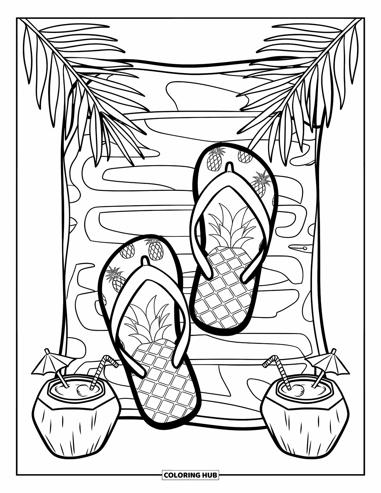 Flip Flop Coloring Page for Kids: Flip-flops with pineapples rest on a fun towel with palm leaves and coconut drinks