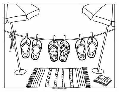 Fargeleggingsark med flip-flops for barn: Flip-flops med lekne mønstre henger over et strandteppe og en bok i sanden