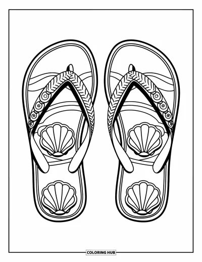 Fargeleggingsark med flip-flops for barn: Flip-flops med skjellmønster hviler på en enkel bakgrunn, enkle og glade