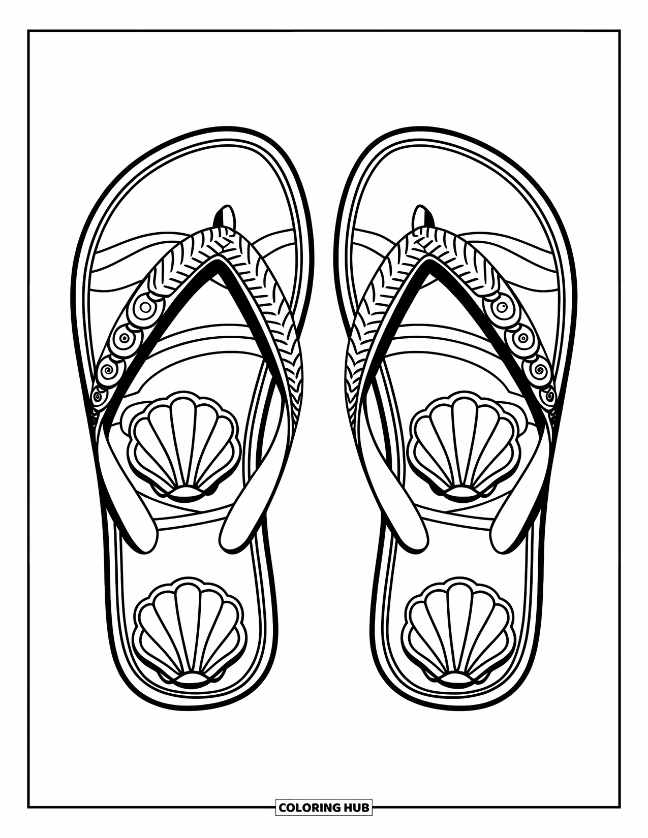 Flip Flop Coloring Page for Kids: Flip-flops with seashell patterns rest on a plain background, simple and cheerful
