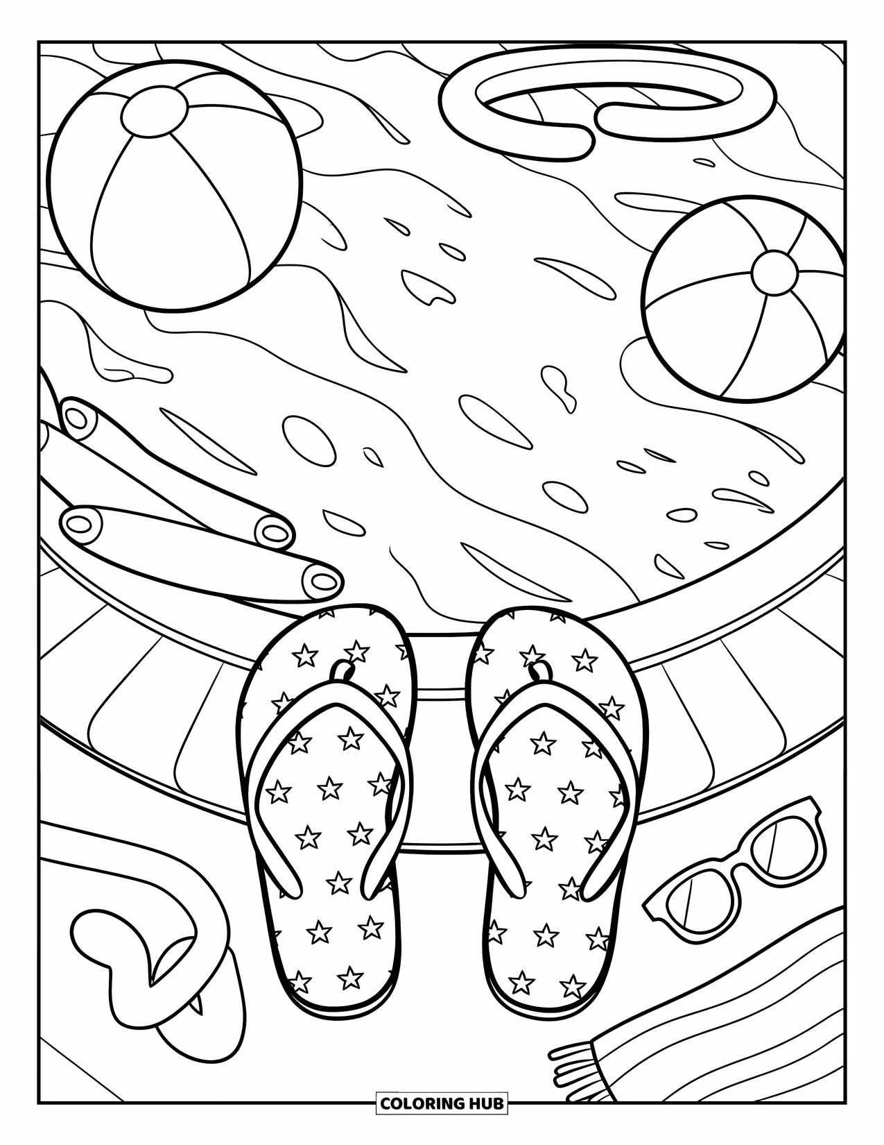 Flip Flop Coloring Page for Kids: Flip-flops with stars sit beside a pool with beach toys and summer gear