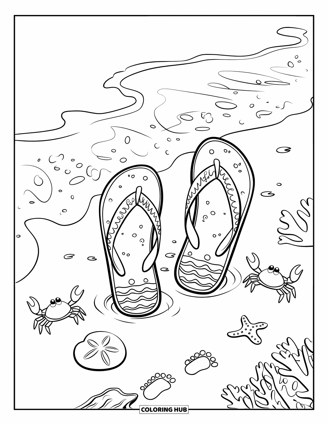 Flip Flop Coloring Page for Kids: Flip-flops with wave patterns rest in wet sand beside crabs, coral, and footprints