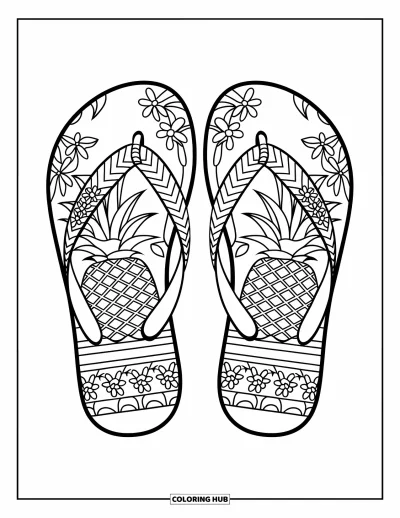 Fargeleggingsark med flip-flops for barn: Blomstrete og tropiske flip-flops ligger i sanden med tropisk stemning rundt seg