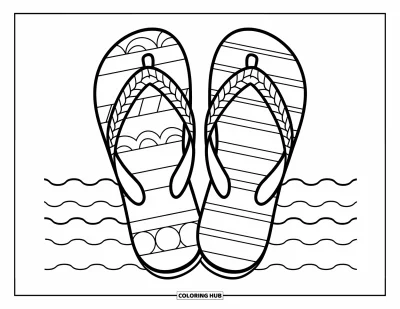 Fargeleggingsark med flip-flops for barn: En flip-flop hviler over rolige bølgelinjer i en fredelig strandscene