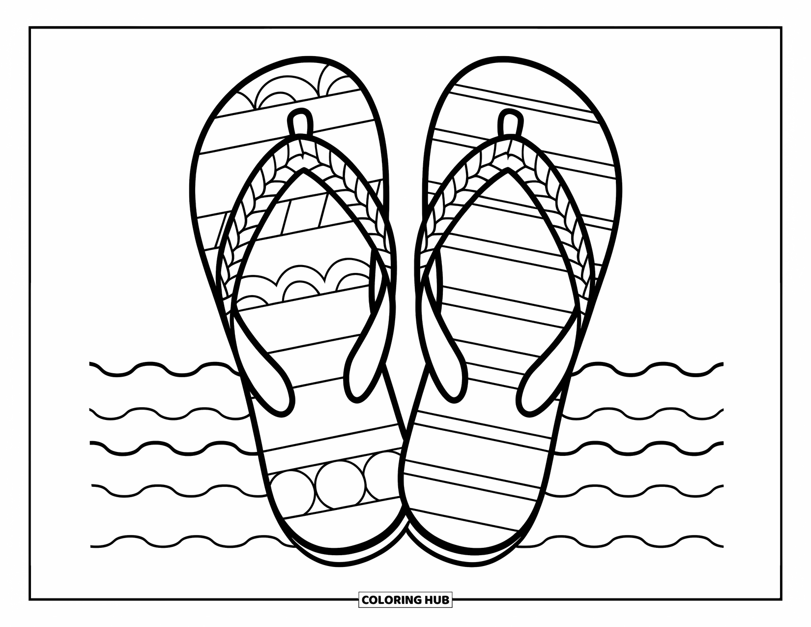 Flip Flop Coloring Page for Kids: One flip-flop sits above gentle water lines in a peaceful beachy setup