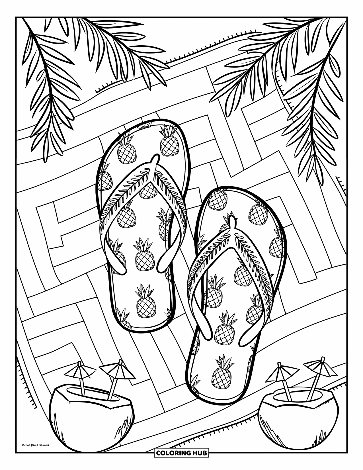 Flip Flop Coloring Page for Kids: Pineapple flip-flops rest on a beach towel with coconuts and palm fronds around