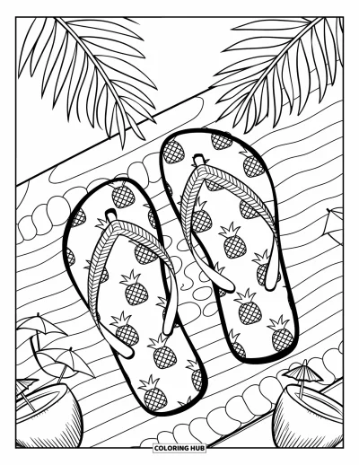 Fargeleggingsark med flip-flops for barn: Flip-flops med ananasprint ligger på et strandteppe omgitt av kokosnøtter og palmegrener