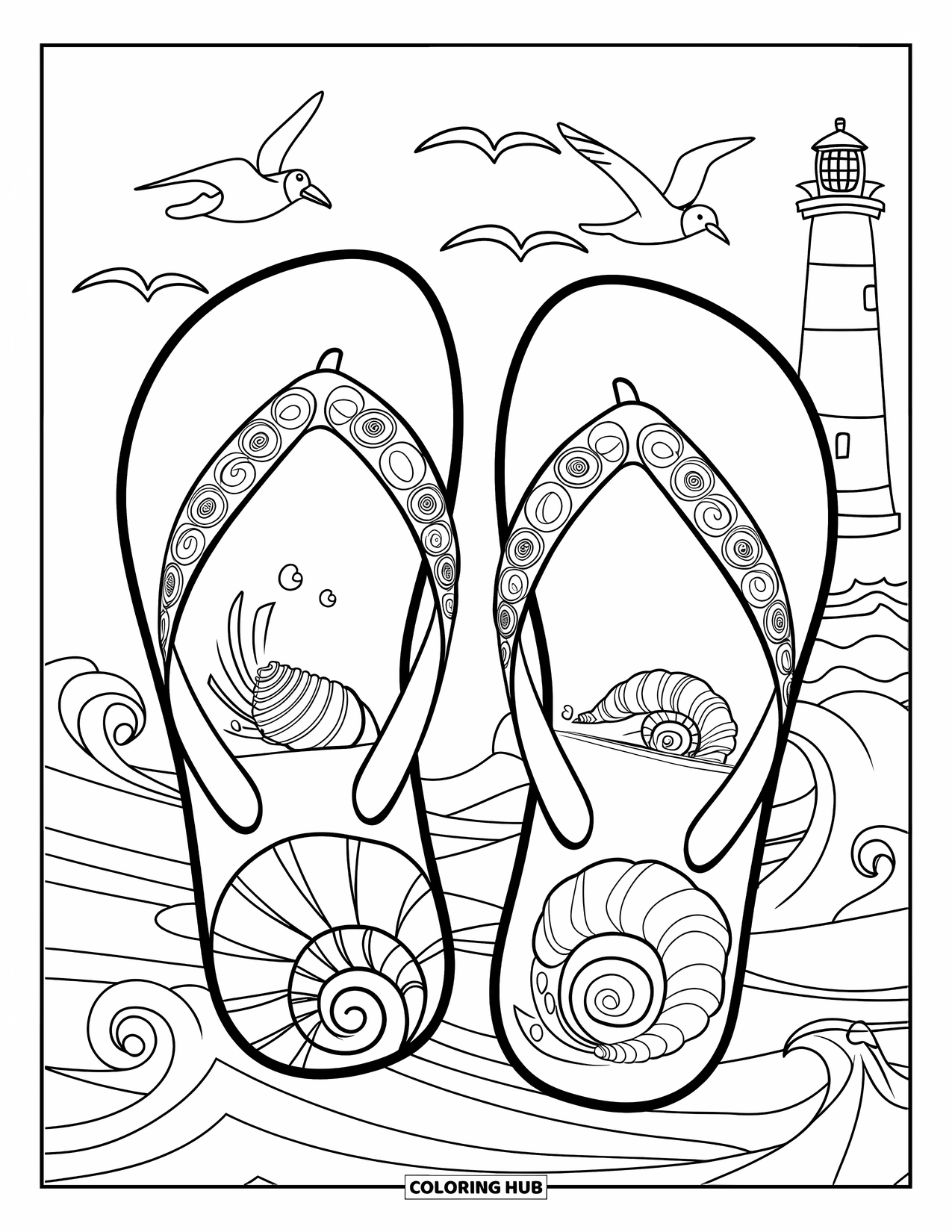 Flip Flop Coloring Page for Kids: Seashell-patterned flip-flops sit near waves, a lighthouse, and soaring seagulls