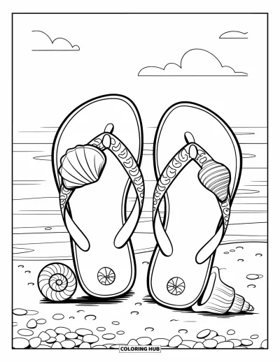 Fargeleggingsark med flip-flops for barn: Flip-flops med skjellmotiv hviler på en jevn strand med steiner, skjell og en mild himmel