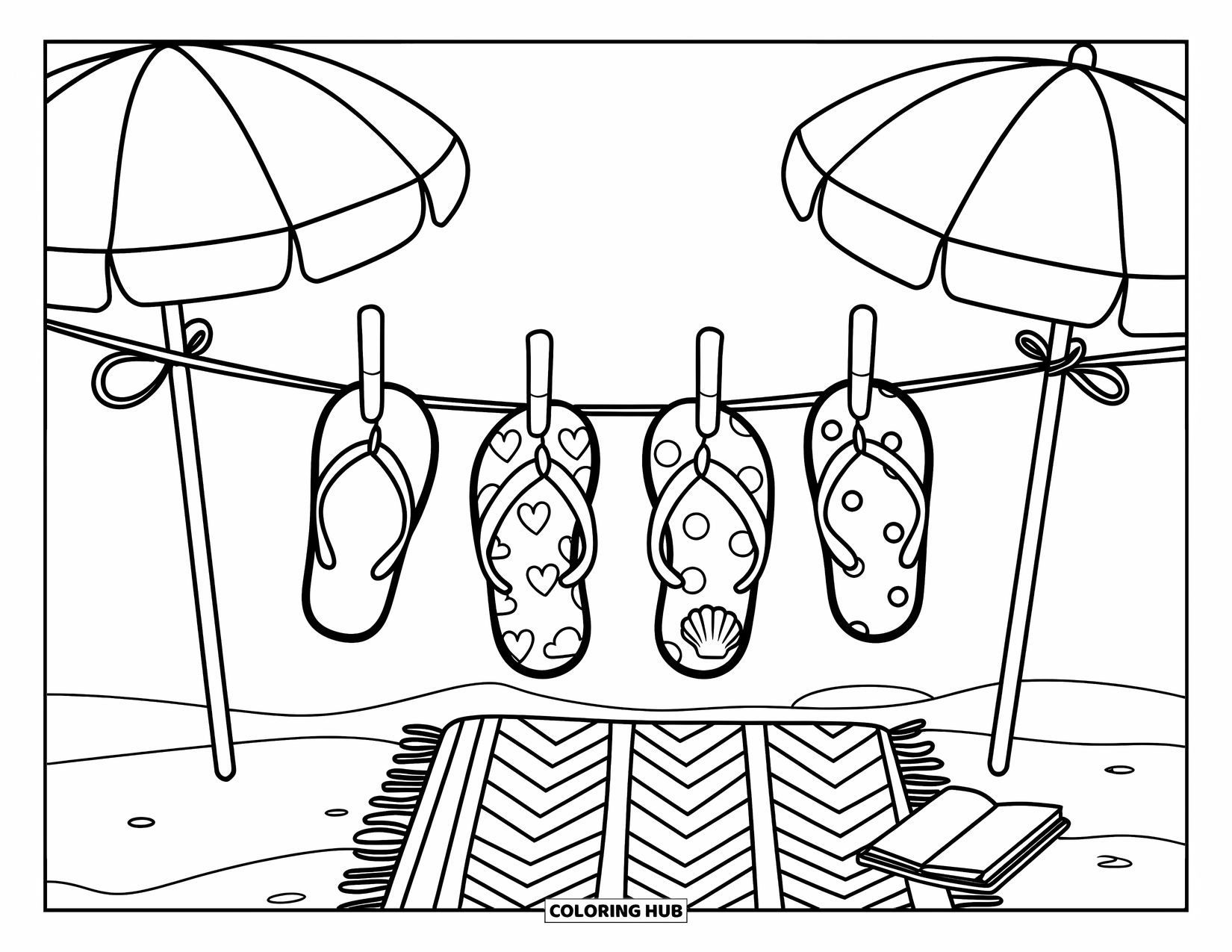 Flip Flop Coloring Page for Kids: Three pairs of fun flip-flops hang between beach umbrellas above a beach rug and book