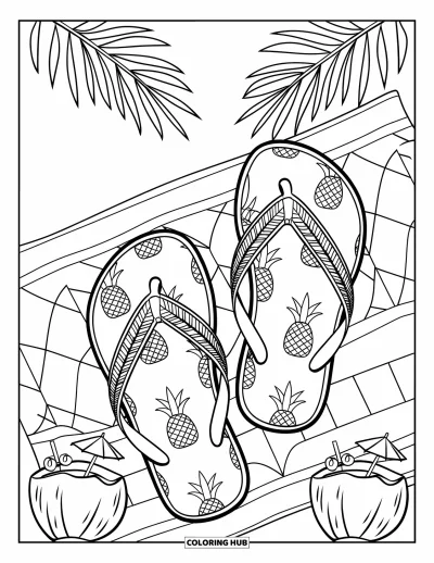 Fargeleggingsark med flip-flops for barn: Tropiske flip-flops på et mønstret håndkle med palmblader og kokosdrinks i nærheten