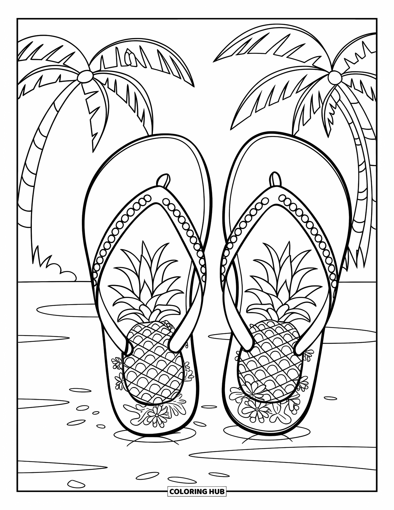 Flip Flop Coloring Page for Kids: Tropical flip-flops with pineapple prints rest on warm sand beneath palm trees