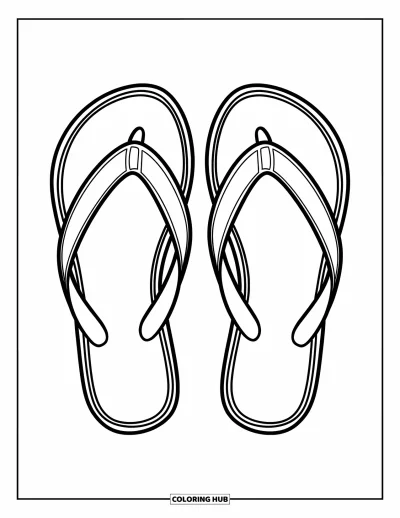 Fargeleggingsark med flip-flops for barn: To enkle flip-flops med brede stropper ligger stille på en blank bakgrunn