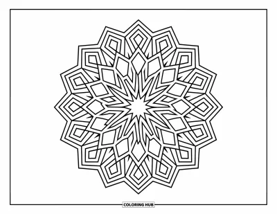 Geometric Mandala Coloring Page for Adults: A balanced pattern of stars and diamonds radiates with clean symmetry