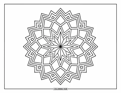 Geometric Mandala Coloring Page for Adults: A central star anchors this mandala of swirling diamonds and tiny stars