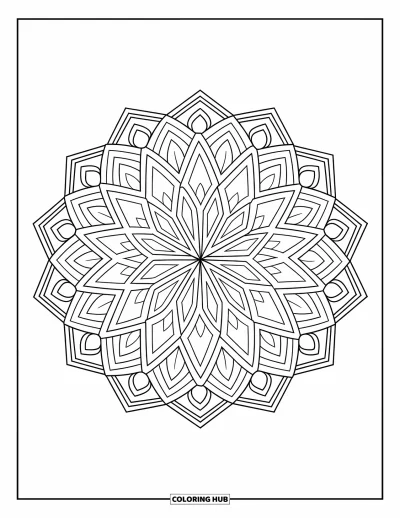 Geometric Mandala Coloring Page for Adults: A crisp mandala of polygons and lace shapes flows in soft circles