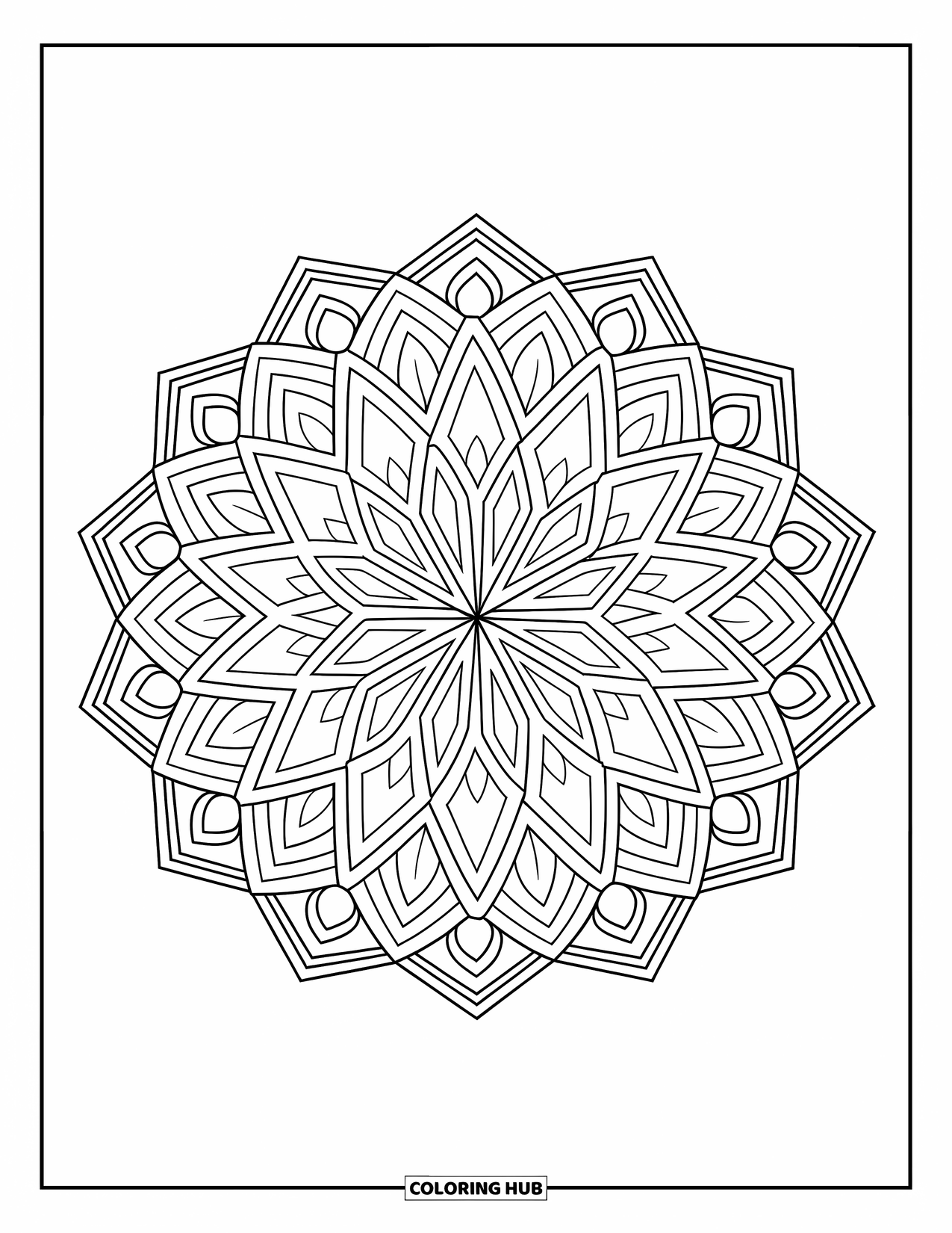 Geometric Mandala Coloring Page for Adults: A crisp mandala of polygons and lace shapes flows in soft circles