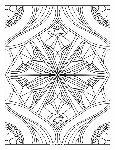 Geometric Mandala Coloring Page for Adults: A flowing mix of arches and points creates a soft, bold mandala