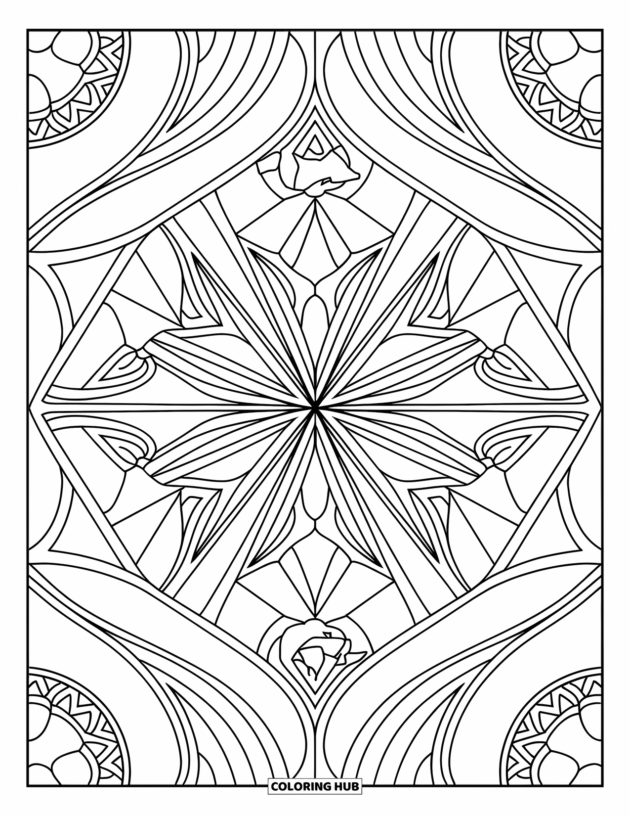 Geometric Mandala Coloring Page for Adults: A flowing mix of arches and points creates a soft, bold mandala