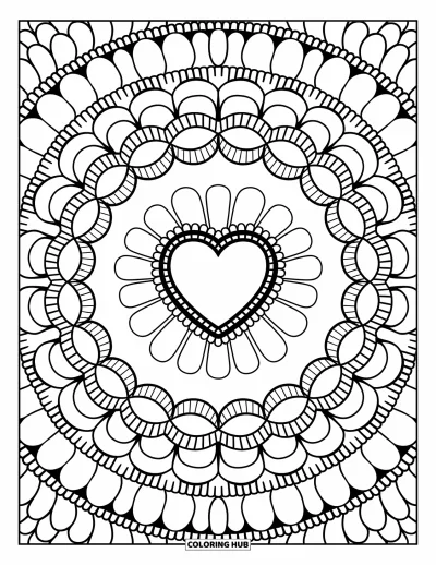 Geometric Mandala Coloring Page for Adults: A heart at the center blossoms into bows, lace loops, and playful diamonds
