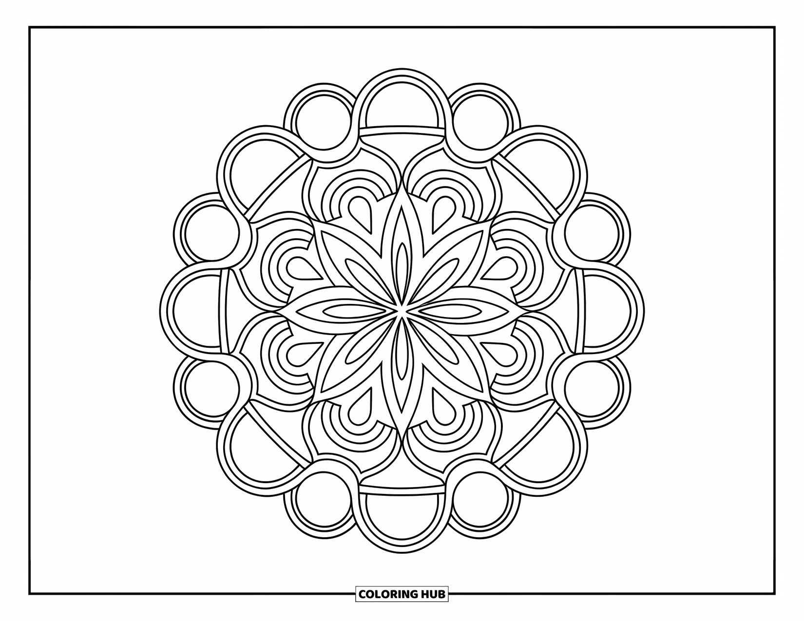 Geometric Mandala Coloring Page for Adults: A pattern of overlapping circles flows outward in clean, calming layers