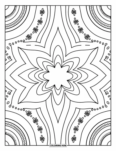 Geometric Mandala Coloring Page for Adults: A rhythmic starburst of triangles, sparkles, and dotted lines feels playful and airy