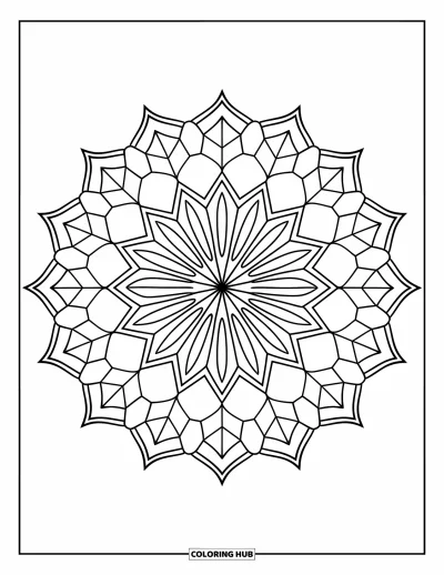 Geometric Mandala Coloring Page for Adults: A spiky mandala mixes hexagons and floral geometry in clean symmetry
