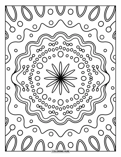 Geometric Mandala Coloring Page for Adults: A sweet swirl of confetti, dots, and icing loops builds outward from the center