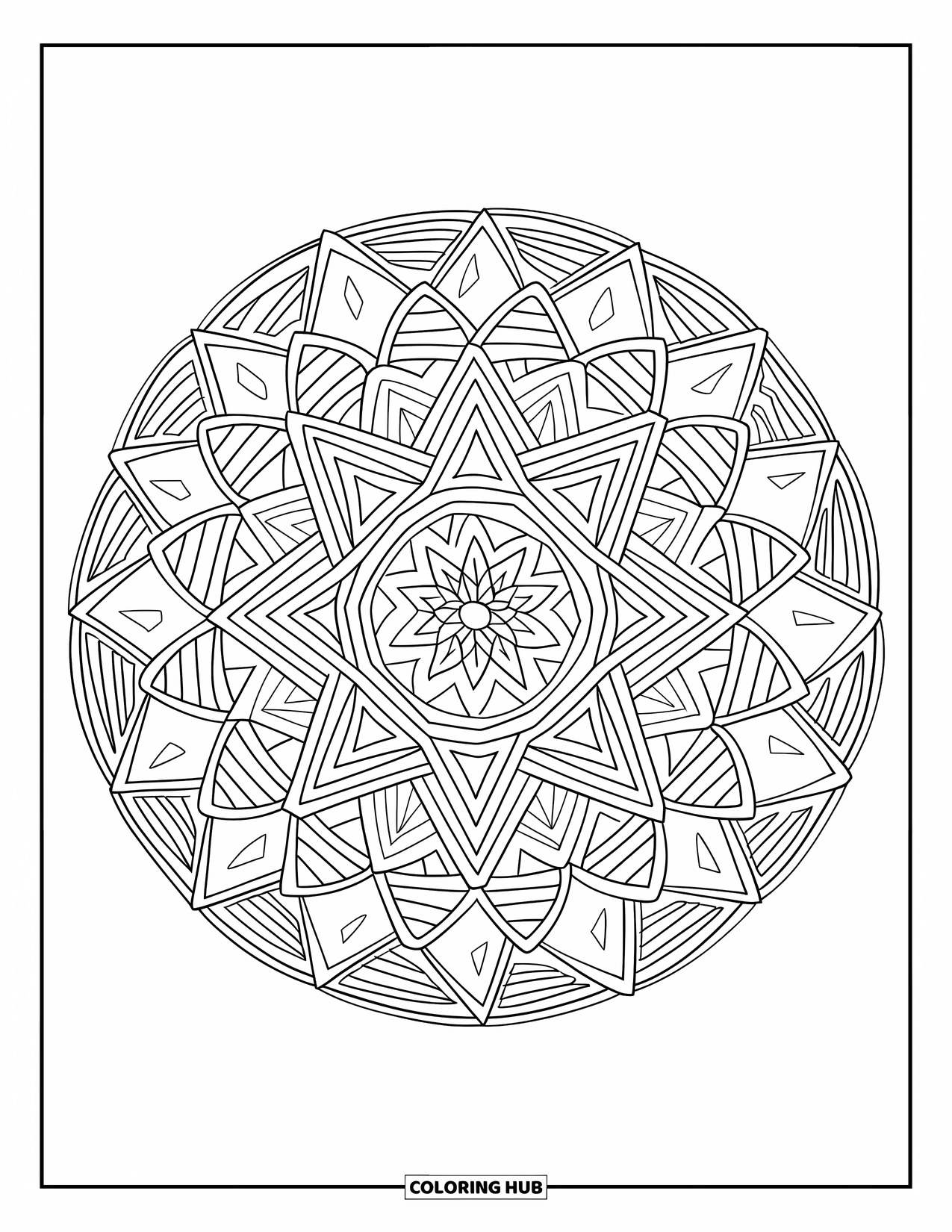 Geometric Mandala Coloring Page for Adults: Bold outlines form a soft, woven mandala of geometric layers