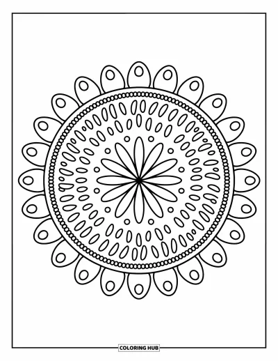 Geometric Mandala Coloring Page for Adults: Dots, dashes, and icing-style loops swirl in a cheerful sprinkle mandala