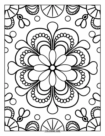 Geometric Mandala Coloring Page for Adults: Fan petals, loops, and pearls create a warm, doily-like mandala