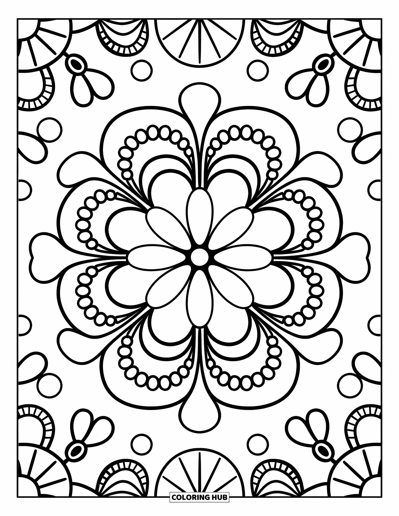Geometric Mandala Coloring Page for Adults: Fan petals, loops, and pearls create a warm, doily-like mandala